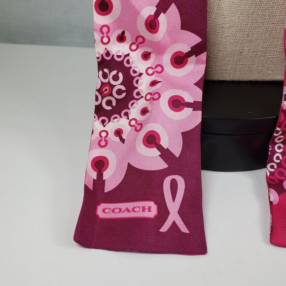COACH Breast Cancer Awareness Slim Scarf Signature Logo Pink Red Silk Reversible - Picture 14 of 16